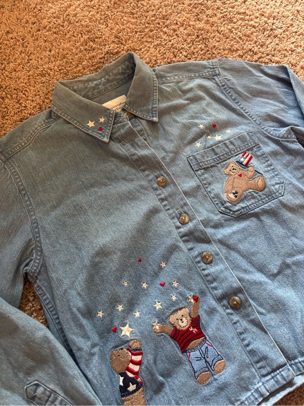 Y2K Christopher & Banks Light Blue Denim Jacket with Embroidered Bears and Stars